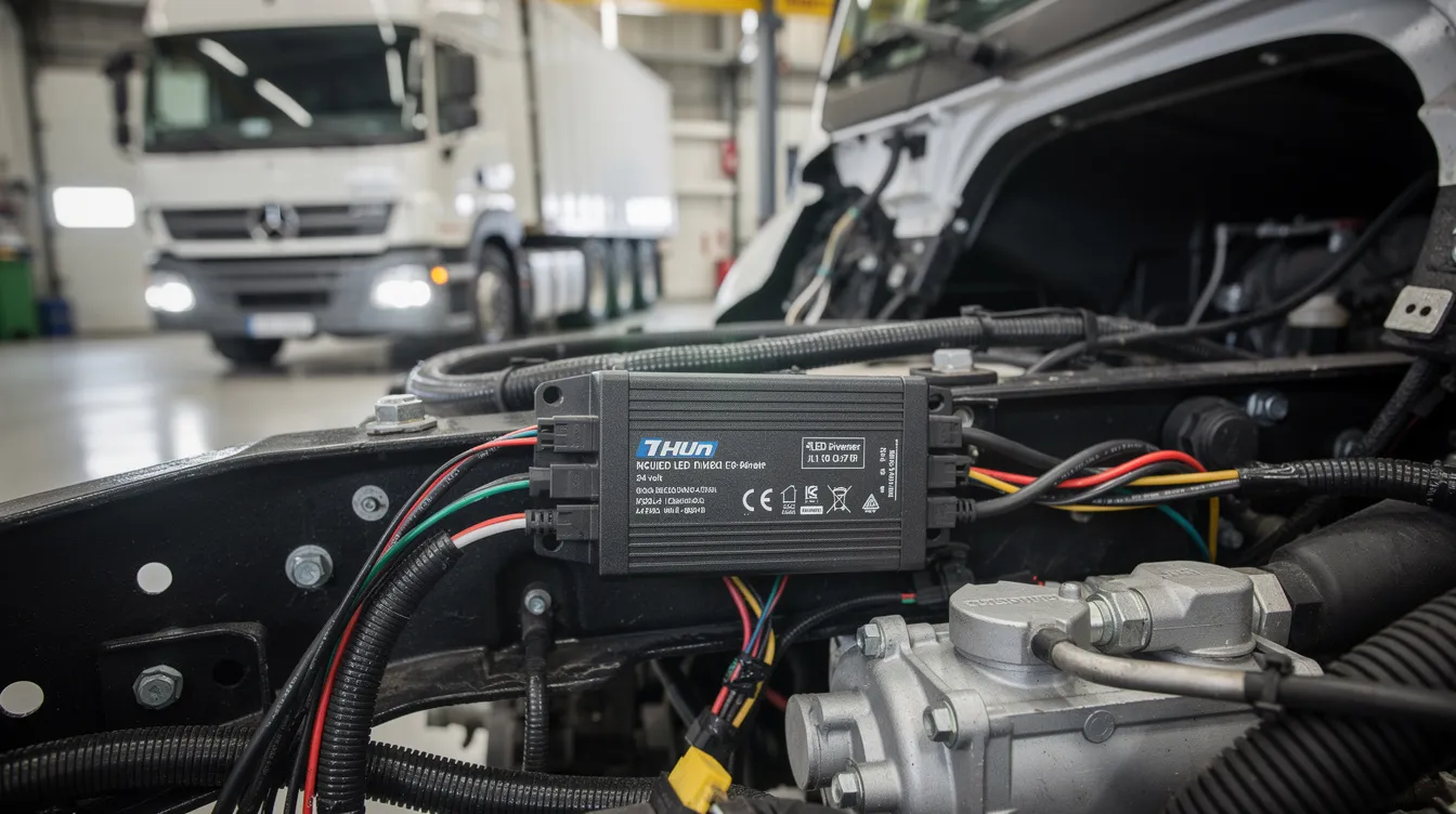 24V LED-drivdon monterat i lastbil – konstantströmsregulator för stabil LED-prestanda i tunga fordon och offroad-applikationer