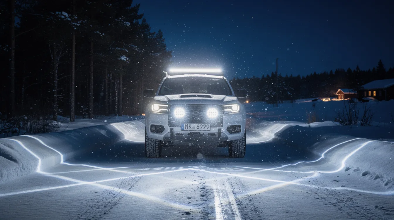 SUV med adaptiva LED-matrisljus och LED-ramp på snöig svensk landsväg – multi-LED-moduler med dynamisk bländningskontroll för säkrare vinterkörning