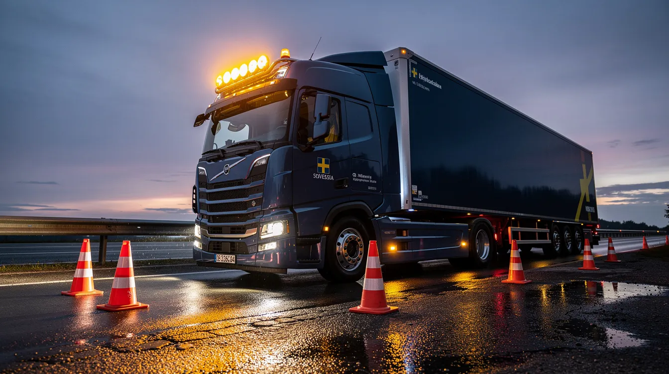 Amber LED varningsljus monterat på lastbil med korrekt blinkfrekvens enligt ECE R65 och svensk lagstiftning för tunga fordon