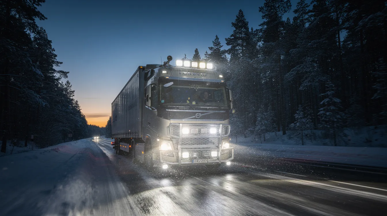 Automatisk aktivering av LED-extraljus på lastbil via skymningsrelä och sensorstyrd ljusstyrning på svensk skogsväg i vintermörker