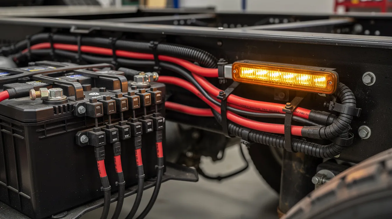 Korrekt säkrings- och kabelinstallation för LED-extraljus på lastbil – visar rätt kabelarea, säkringshållare nära batteri och skyddad kabeldragning för brandskydd