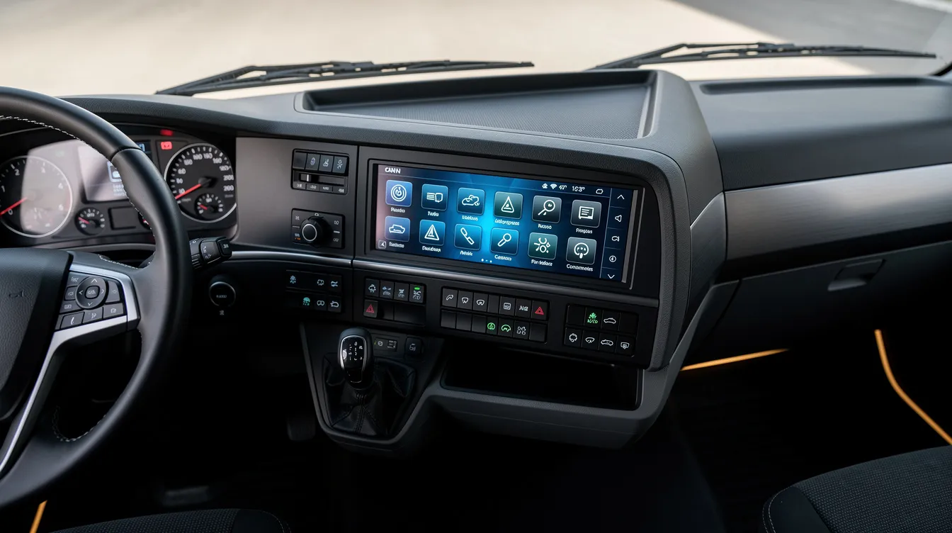 CAN-bus integrerad kontroller och manöverpanel för LED-extraljus monterad i lastbilshytt – styrdon för tunga fordon i Sverige