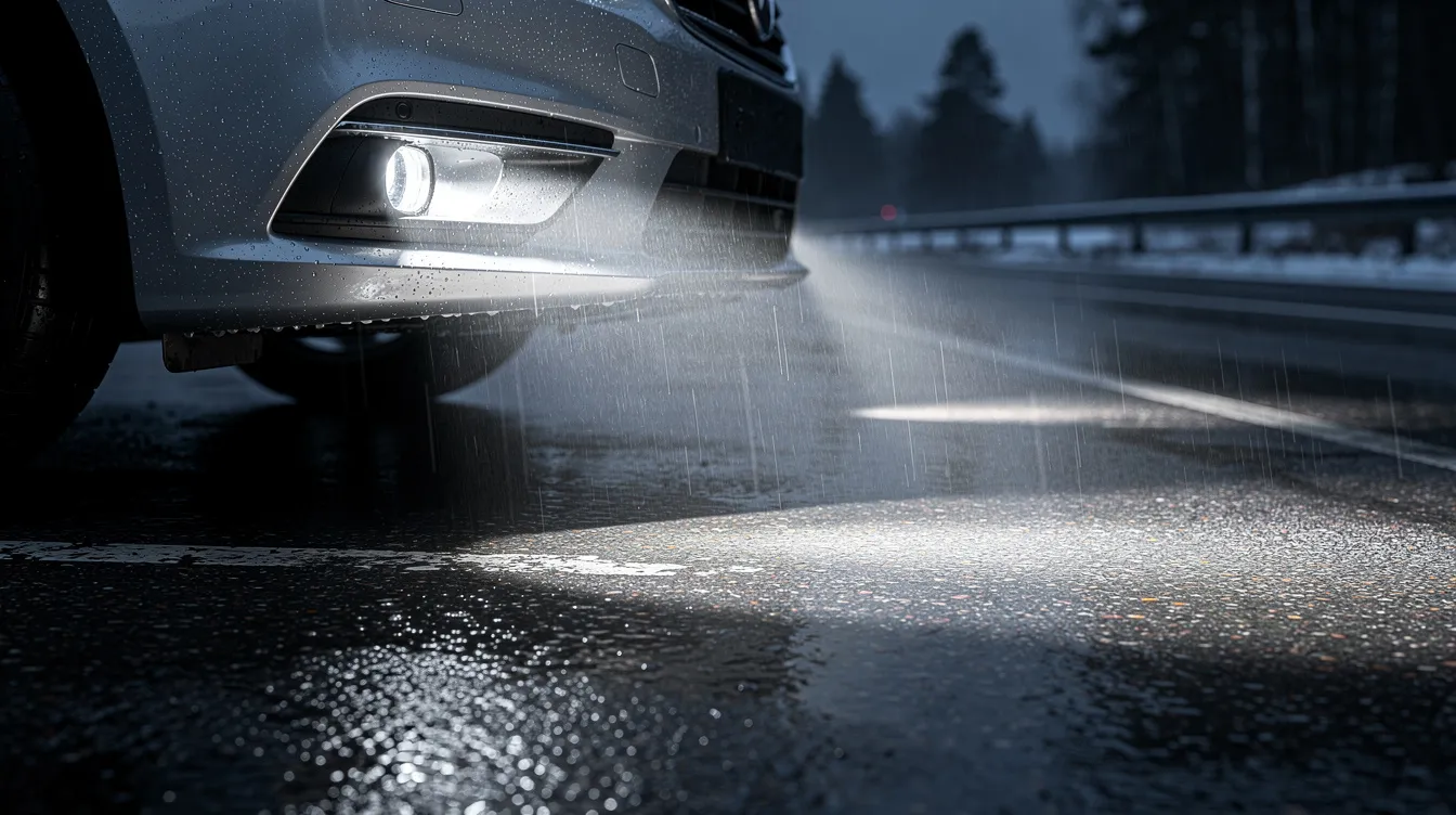 LED-dimljus monterat lågt på fordon visar brett horisontellt ljusmönster med skarp överkant – optimalt för dimma och dålig sikt på svenska vägar
