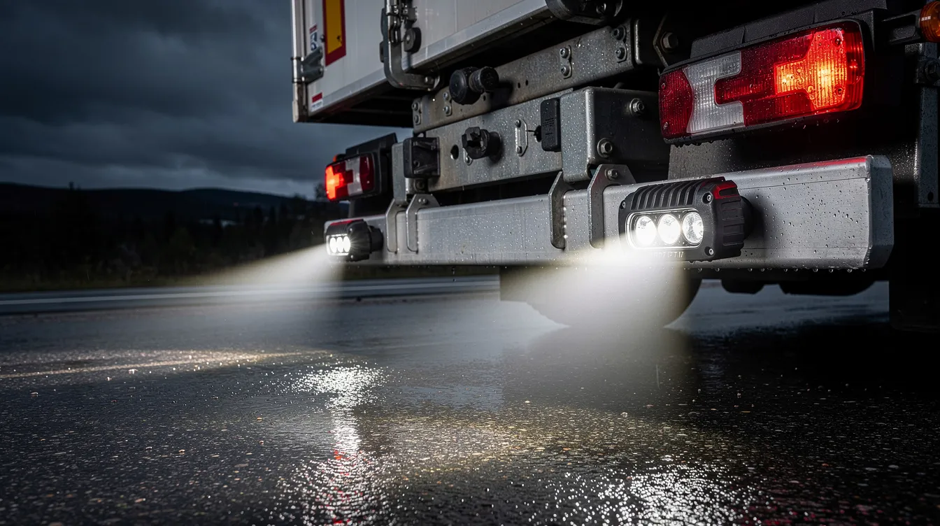 Dragkroksmonterade LED extraljus med 13-polig kontakt på lastbil – IP67-klassade ljus för släpvagnskoppling enligt svensk lagstiftning