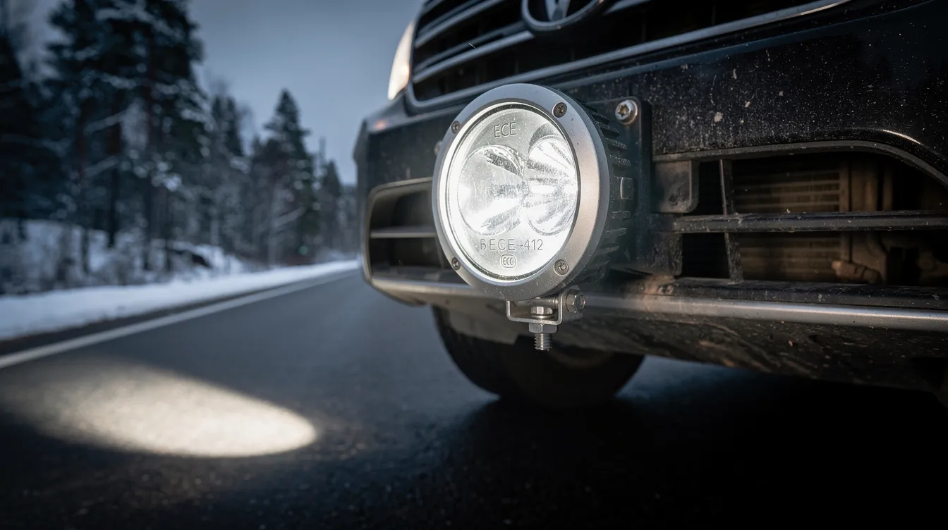 ECE-godkänt LED extraljus monterat på SUV med synlig E-nummer märkning – lagliga extraljus för svenska vägar enligt Transportstyrelsen