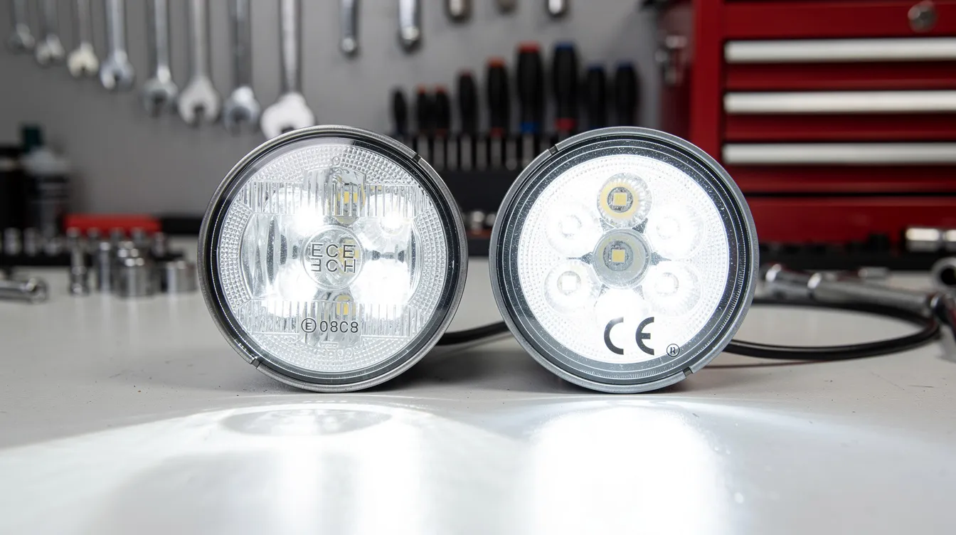 Jämförelse mellan ECE-godkänt extraljus med E-nummer och CE-märkt extraljus – visar skillnaden i godkännande för laglig användning på svenska vägar