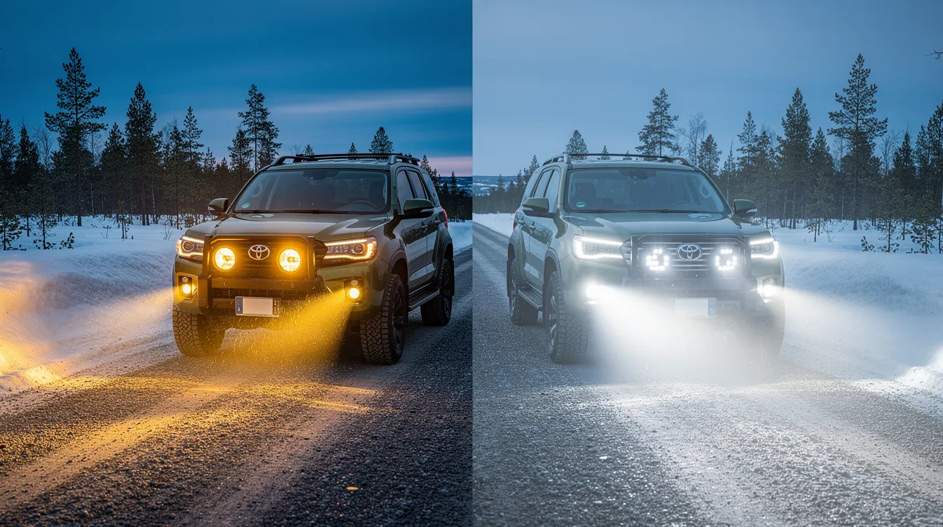 Jämförelse mellan halogen och LED-extraljus på offroad-fordon – tydlig skillnad i ljusstyrka och räckvidd