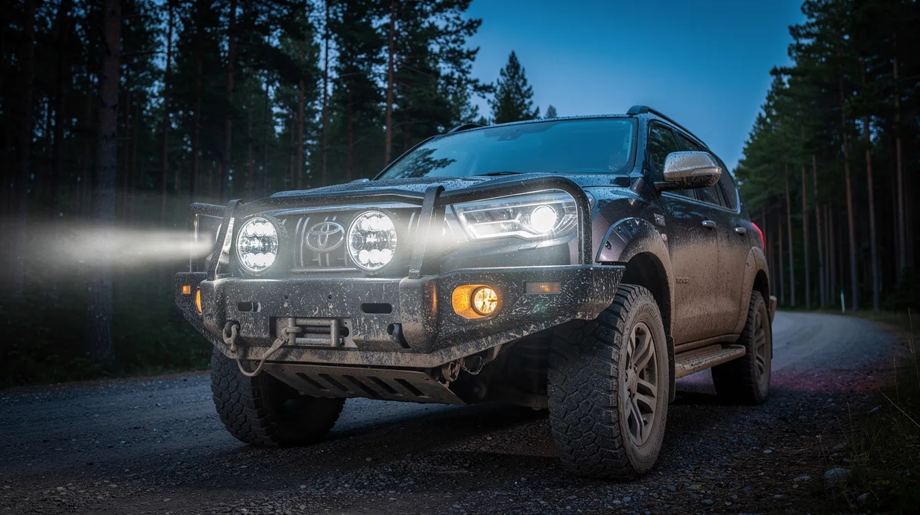 IK-klassad LED extraljus monterade på offroad-fordon på svensk grusväg – stöttålig belysning för terrängkörning och nordiska förhållanden