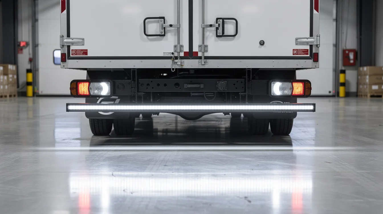 IP67-klassade LED backljus monterade symmetriskt på lastbilens bakre stötfångare med markbelysning under chassit – uppfyller ECE R23-standard och svenska Transportstyrelsens krav för tunga fordon
