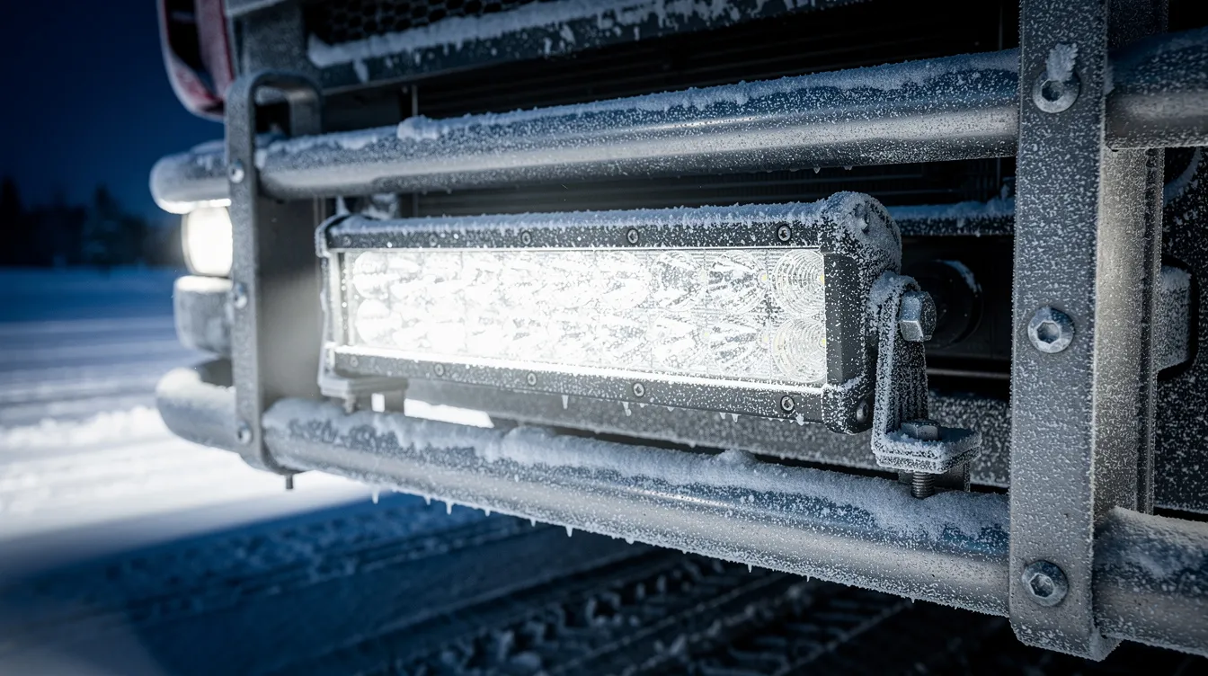 IP67-klassat LED extraljus monterat på lastbil i svenska vinterförhållanden – visar kyla och frosttålighet för LED-belysning vid låga temperaturer
