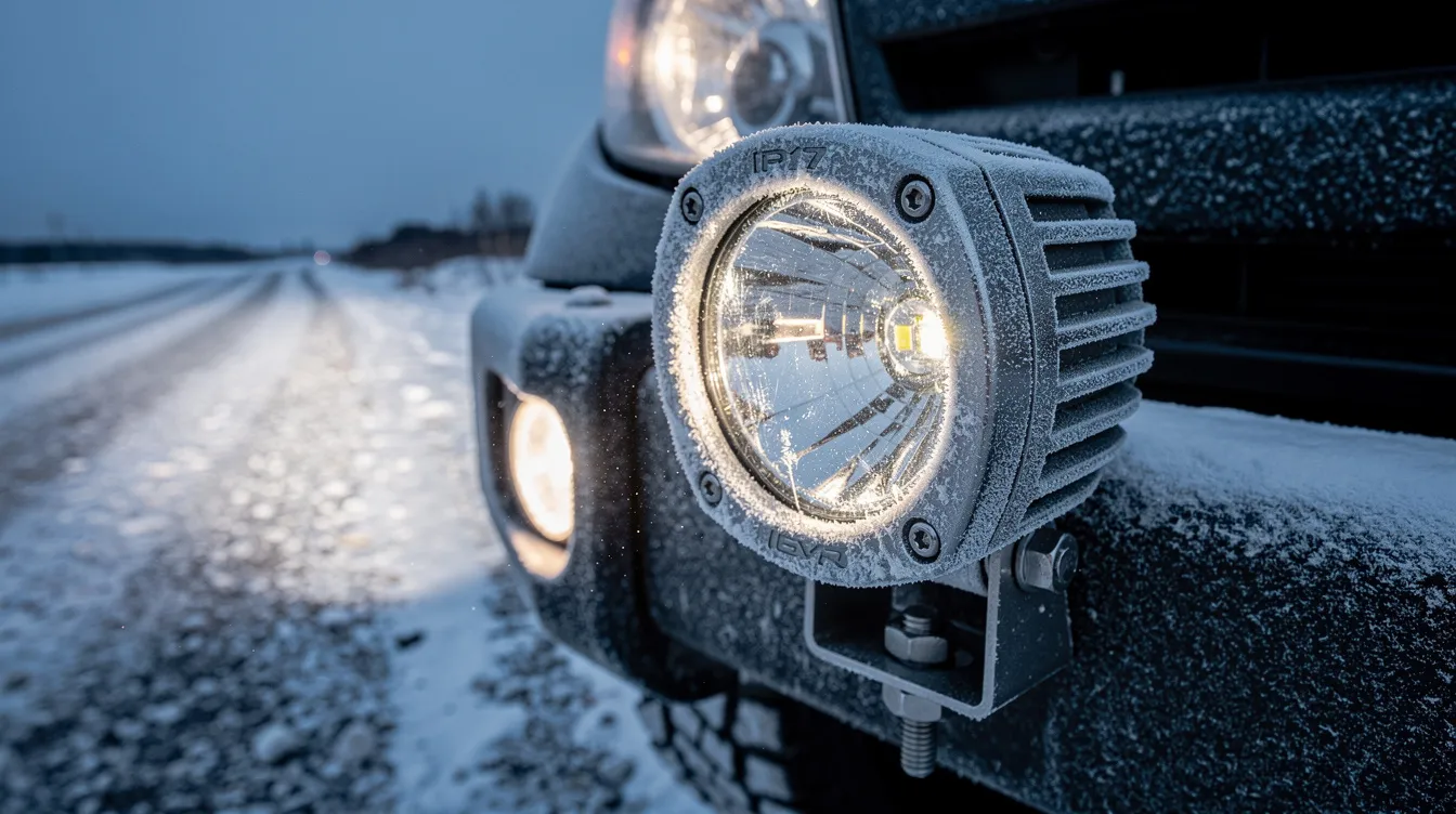 IP67-klassat LED extraljus på offroad-fordon i nordsvenskt vinterklimat – testad för temperaturer ned till -40°C och saltvattenbeständig konstruktion