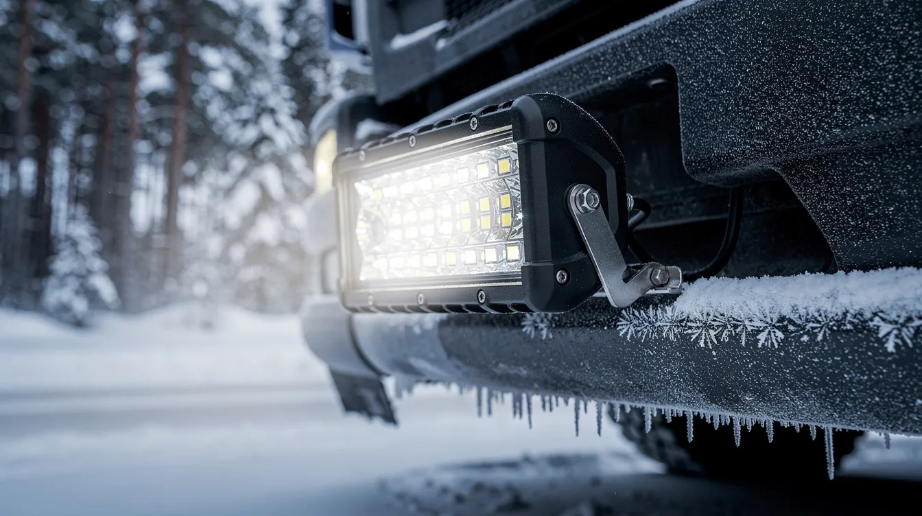 IP68-klassat LED-extraljus med synliga tätningar och drivdon vid extrem kyla, testat för svenska vinterförhållanden ner till -40°C