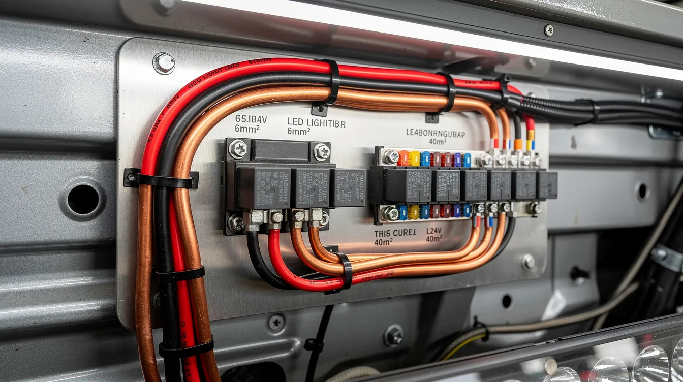 Professionell kabeldimensionering och reläkoppling för LED-extraljus på lastbil – 6mm² kabel och 40A säkringar för 24V parallellkopplat system