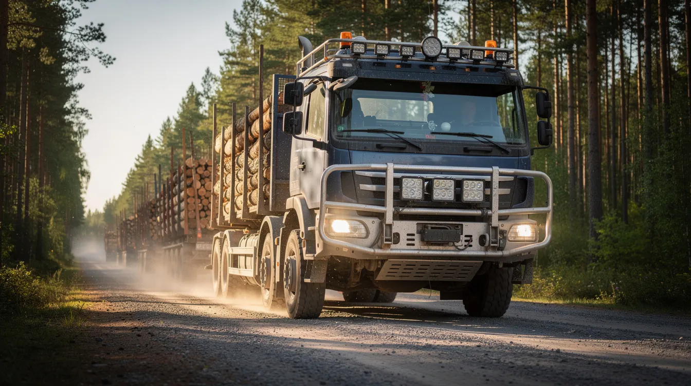 Svensk lastbil med professionellt monterade LED-extraljus på skogsbilväg, visar vikten av vibrationståliga fästsystem för tunga fordon i terräng