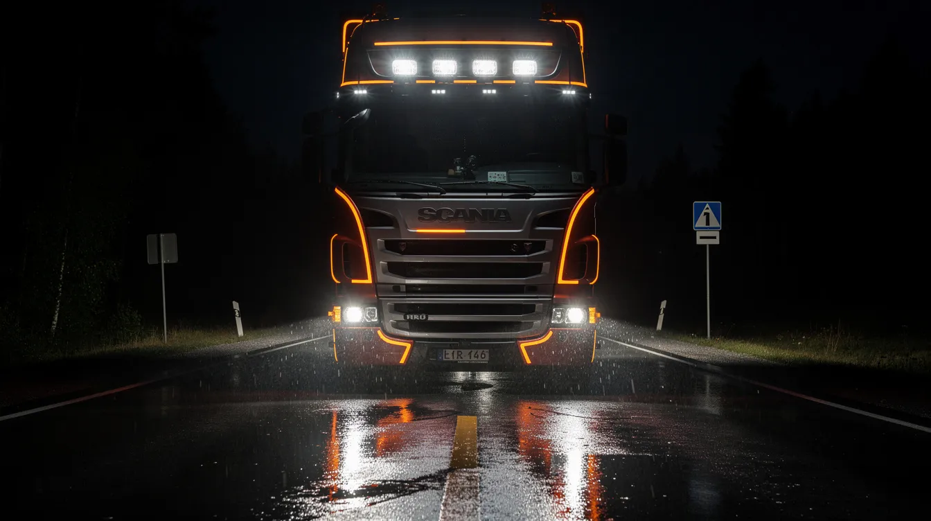 Tung lastbil med LED extraljus och lagstadgade retroreflektiva kontursmarkeringar på mörk svensk väg – belysning för HGV och tunga fordon enligt EU-regler