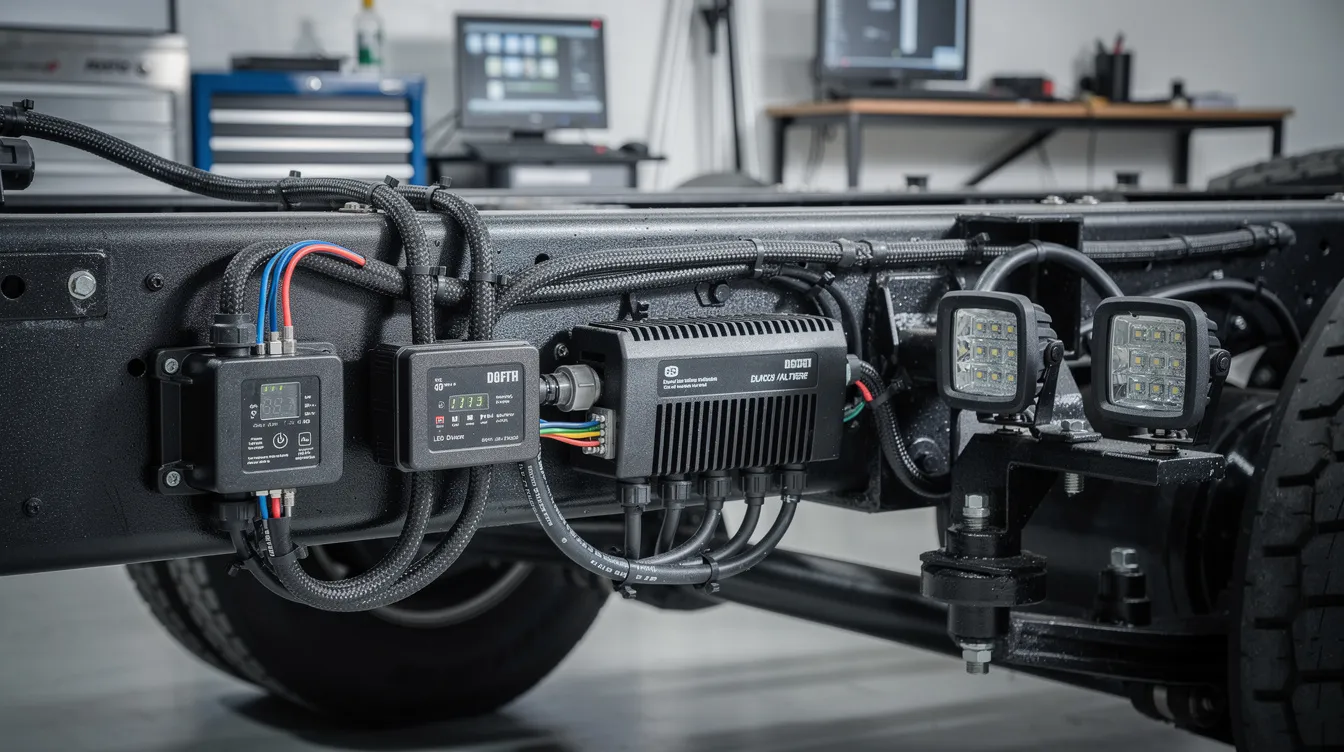 LED-arbetsljus med spänningsskydd för 24V lastbilar och duala elsystem, visar multivolt-kompatibel installation på tungt fordon