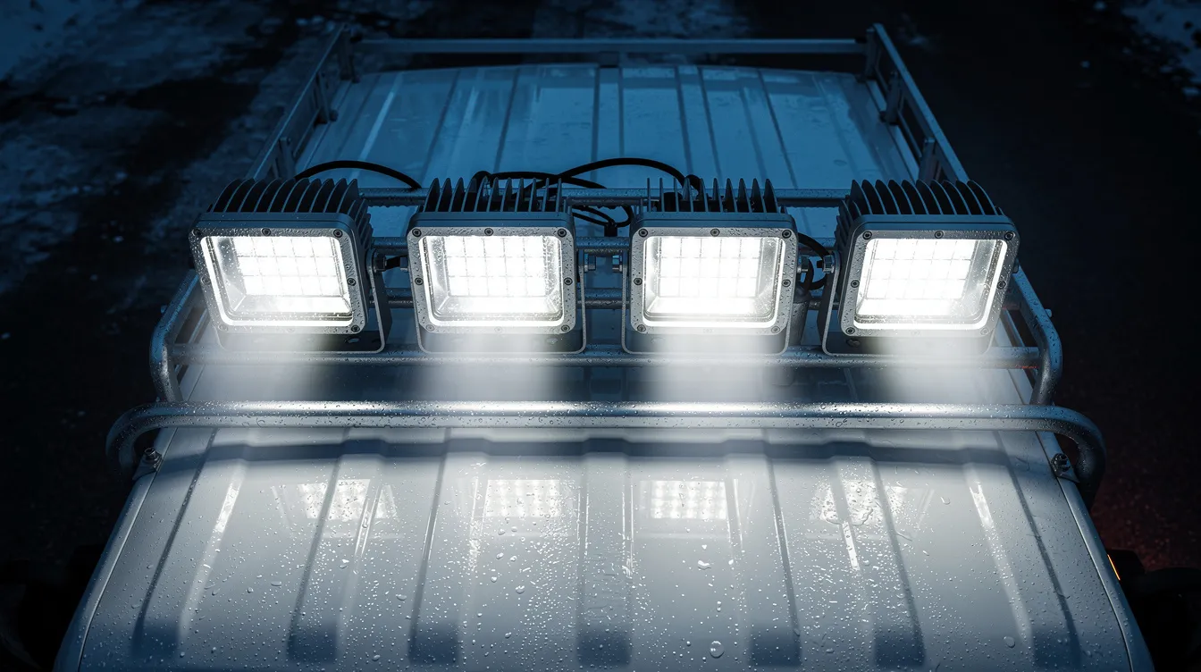 Fyra LED-arbetsljus monterade på lastbilstak med synliga kylflänsar – termisk prestanda och värmeutveckling vid kontinuerlig drift i nordiskt klimat