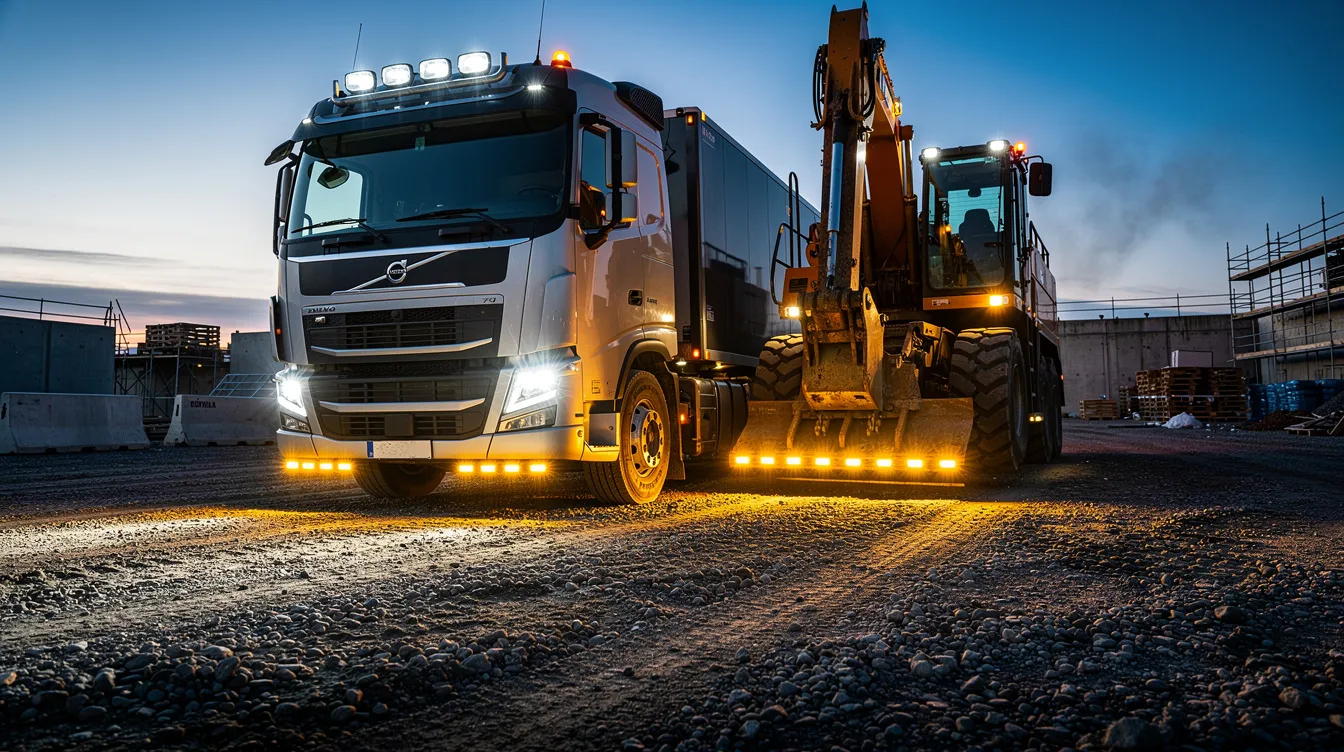 LED backljus och markbelysning monterade på lastbil och entreprenadfordon på svensk byggarbetsplats – ECE R23-godkänd belysning för säker backning i trånga utrymmen