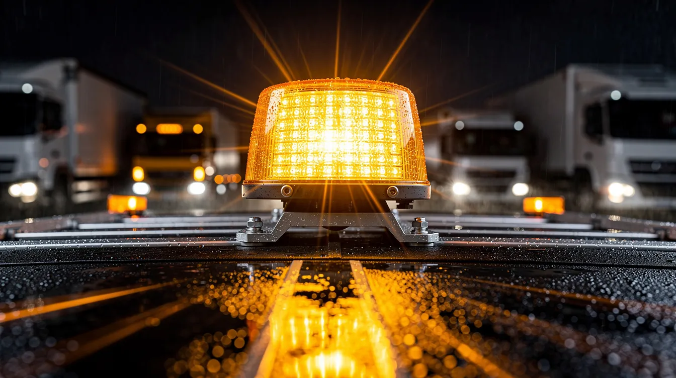 Godkänt LED-blixtljus i amber för lastbil som uppfyller ECE R65 krav på synlighet på minst 500 meter och 60–120 blinkningar per minut