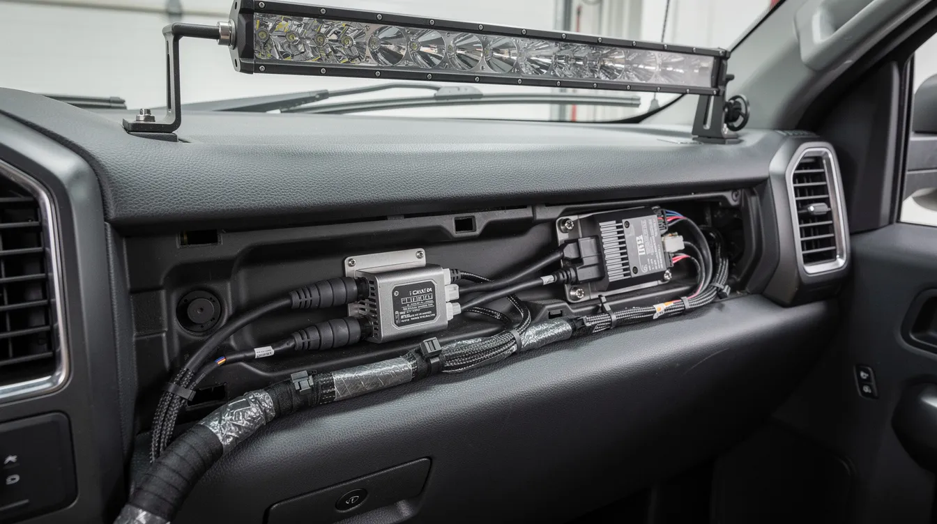 LED-drivdon med ferritkärnor och skärmade kablar för EMC-filtrering på lastbil – åtgärder mot radiostörningar och elektromagnetisk interferens vid installation av LED-extraljus