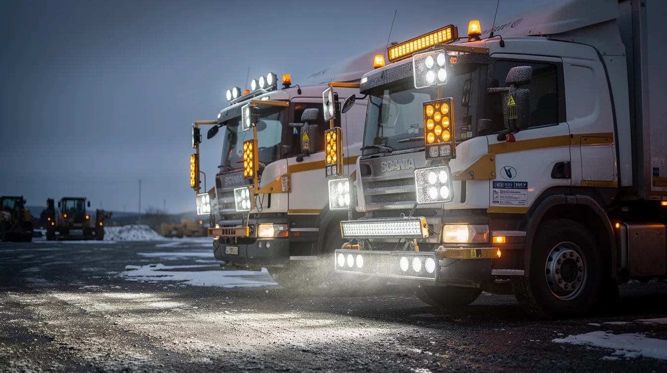 Detaljbild av monterade LED-extraljus, arbetsljus och varningsljus på lastbil och entreprenadfordon – visar zonindelning med framåt-, bakåt-, sido- och varningsljuszon för komplett belysningslösning