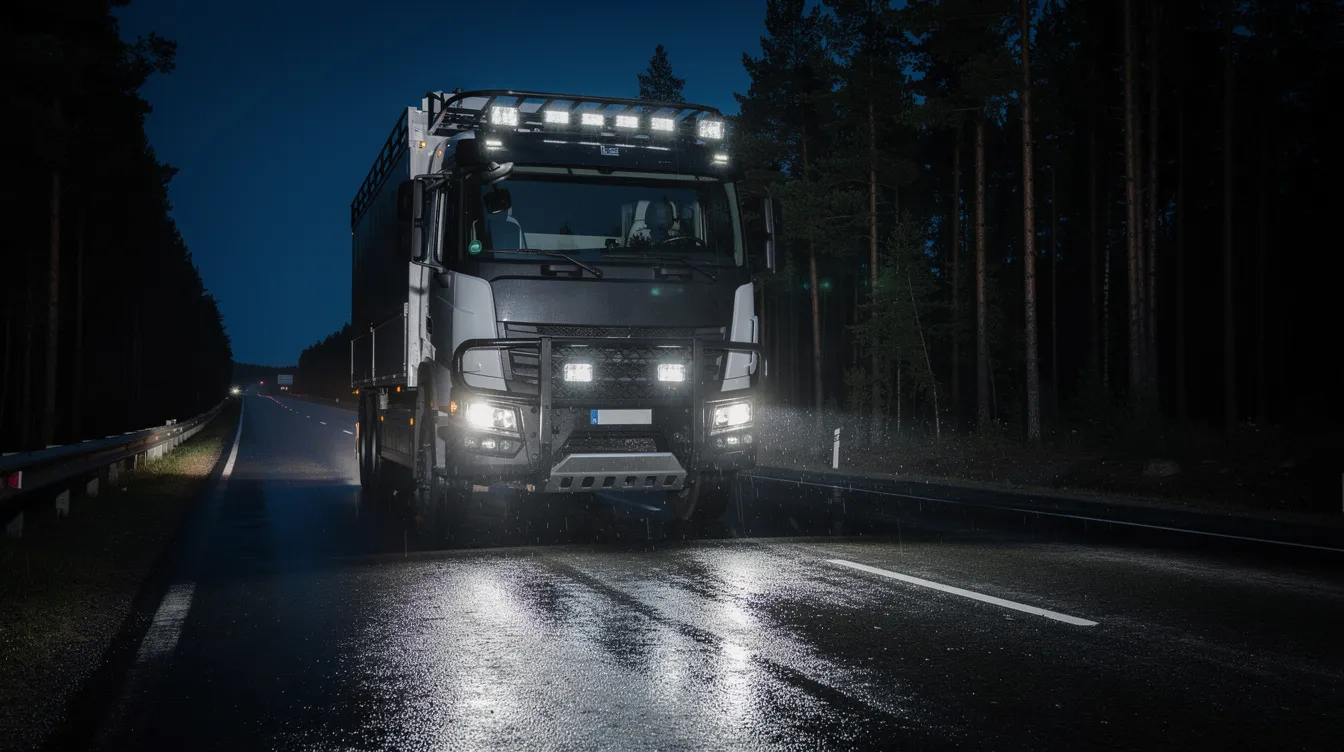 LED extraljus monterade på elektrisk lastbil och hybridfordon – säker installation av arbetsljus och varningsljus på elfordon med högtspänningssystem
