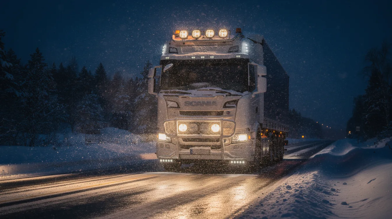 LED extraljus med 4300K färgtemperatur monterat på lastbil som kör på snöig svensk vinterväg – optimalt Kelvin-värde för genomträngning i snö och dimma