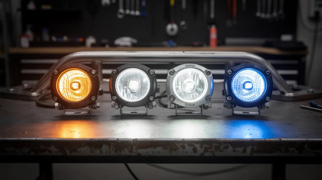 Jämförelse av LED extraljus färgtemperaturer 3000K, 4300K, 5000K och 6000K monterade på fordon – visuell guide för val av rätt Kelvin-värde