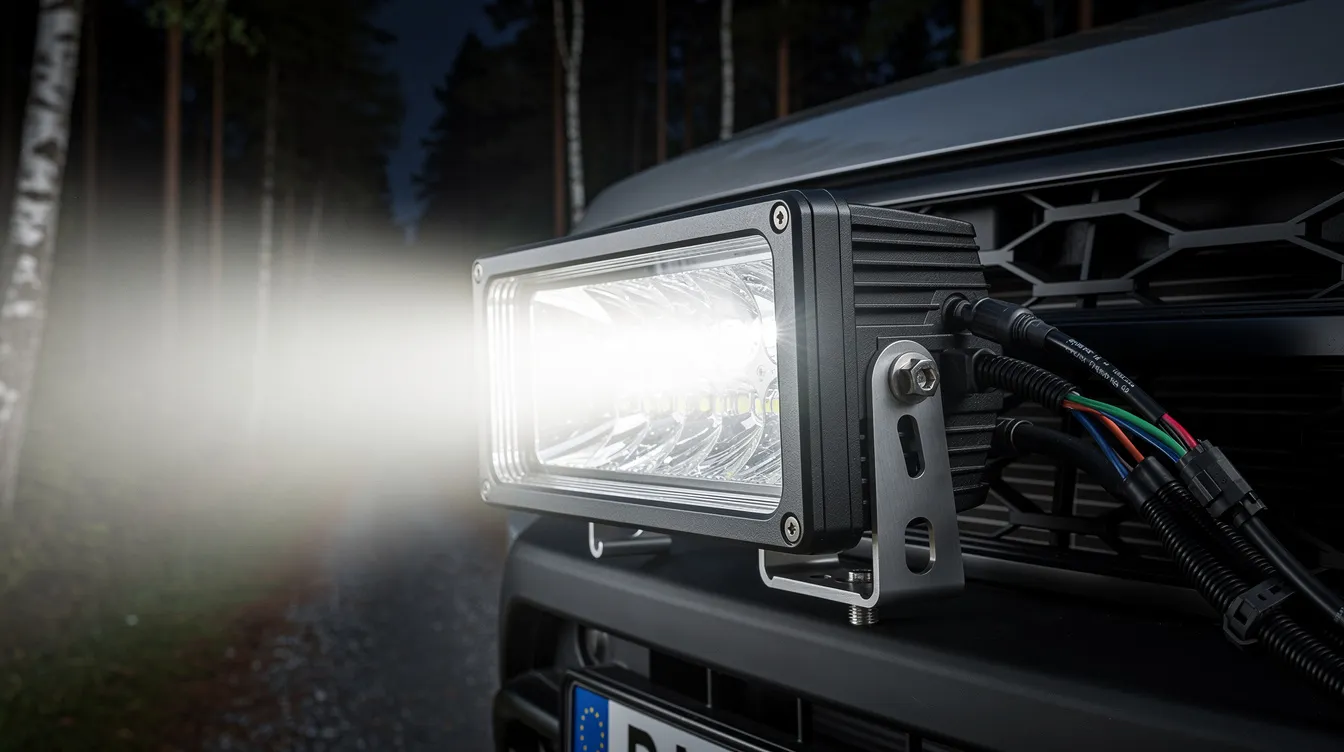 Professionell installation av LED extraljus på hybridfordon med isolerad 12V-krets och godkänd reläkoppling – säker montering för elbilar och hybridlastbilar