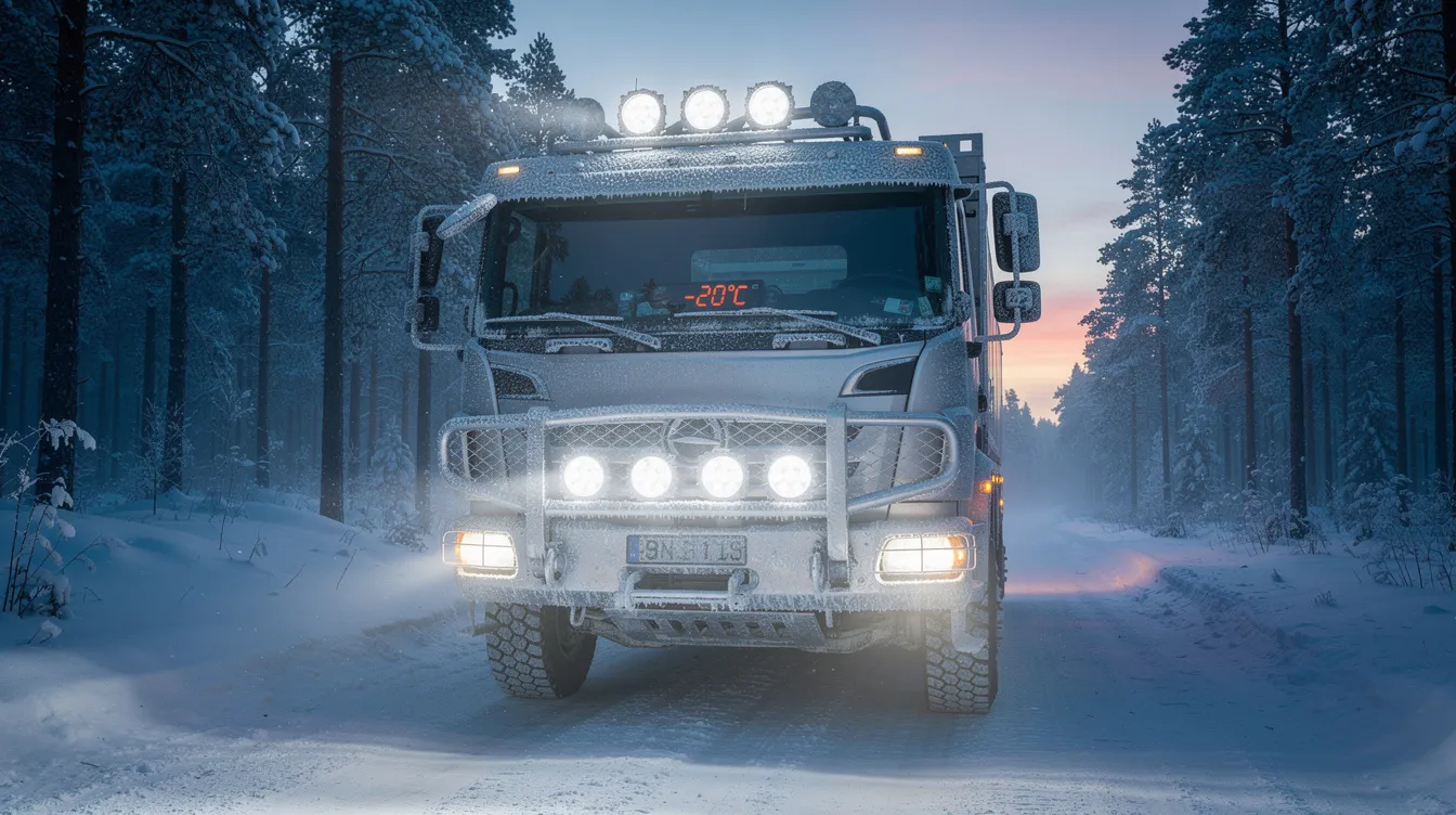 LED-extraljus monterade på lastbil vid köldstart i svensk vintermiljö, visar ljusflöde vid -20°C