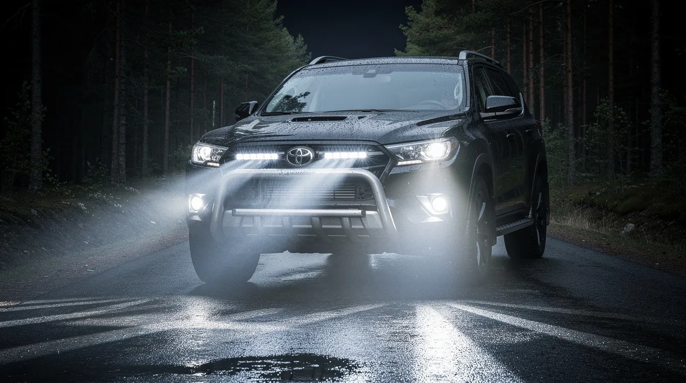 LED extraljus korrekt inriktat på en SUV längs en mörk svensk skogsväg – demonstration av rätt ljusriktning för trafiksäkerhet