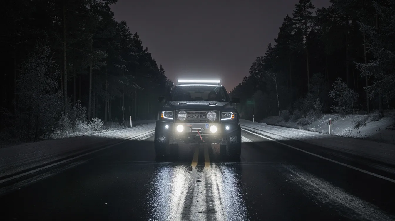 LED extraljus korrekt nedriktade på svensk vinterväg – visar hur rätt inriktning ger maximal sikt utan att blända mötande trafik