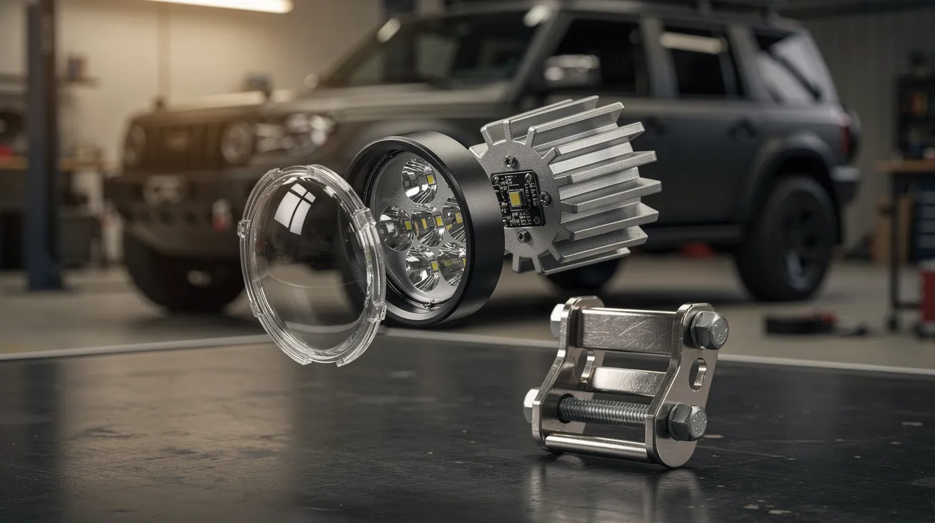 Detaljvy av LED-extraljusets kylflänsar i aluminium och linskomponenter – konstruktion för hållbarhet och prestanda i offroad och lastbilsanvändning