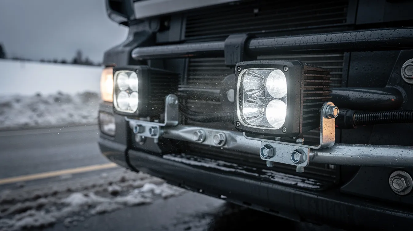 LED-extraljus monterade på lastbil med förzinkade stålbågar och vattentät kabeldragning – professionell monteringslösning för tunga fordon i svenska vinterförhållanden