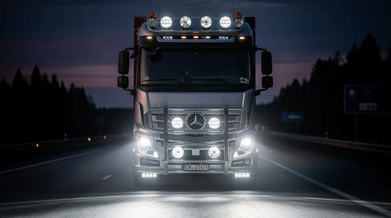 LED extraljus monterade på lastbil framifrån vid skymning på svensk motorväg – korrekt placering enligt Transportstyrelsen för maximalt synfält