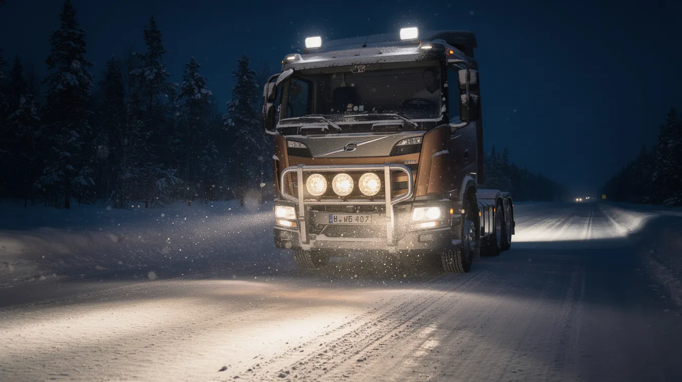 LED extraljus monterade på lastbil under vinterkörning på snö- och isbelagd svensk landsväg – optimerad ljusspridning och färgtemperatur för maximal sikt