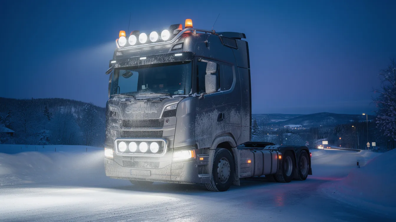 Lastbil med monterade LED-extraljus och varningsljus på saltad svensk vinterväg – illustrerar behovet av korrosionsskydd och regelbundet underhåll av elektriska anslutningar