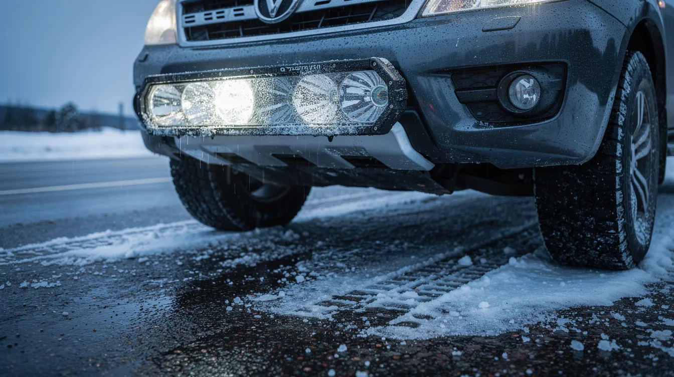 LED extraljus på SUV med synlig saltbeläggning på linsen – rengöring och skydd av optiken på svenska vintervägars hårda förhållanden