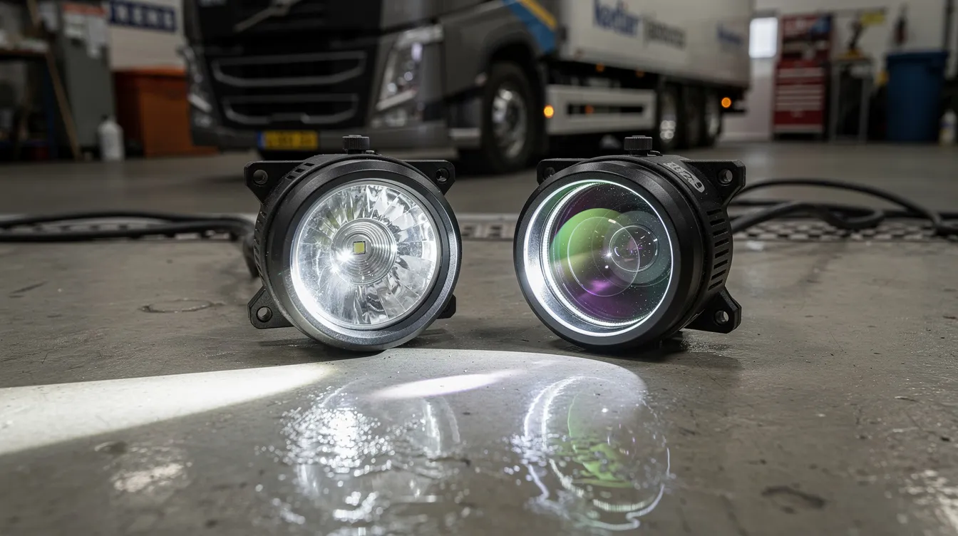Jämförelse av LED extraljus linsteknologi – reflektorbaserad enhet mot AR-belagd projektionslins med tydlig skillnad i ljusbild och kontrast på blöt yta
