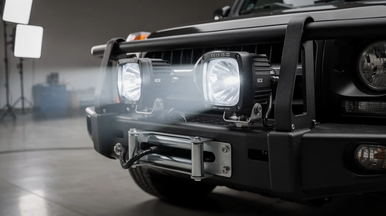 Symmetriskt monterade LED extraljus med ECE-godkännande på extraljusbåge – korrekt montering enligt Transportstyrelsens föreskrifter för fjärrstrålkastare