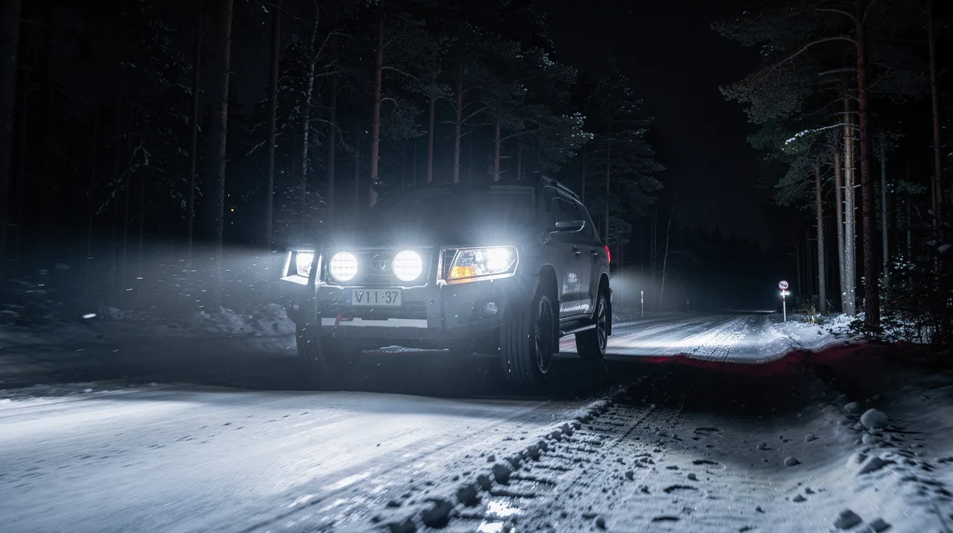 LED extraljus på SUV belyser mörk svensk skogsväg med hög lumen-output och lång räckvidd vid vinterkörning