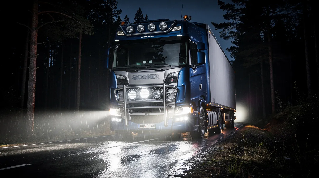 LED-extraljus monterade på svensk lastbil – jämförelse mot halogen vid uppgradering på mörk skogsväg