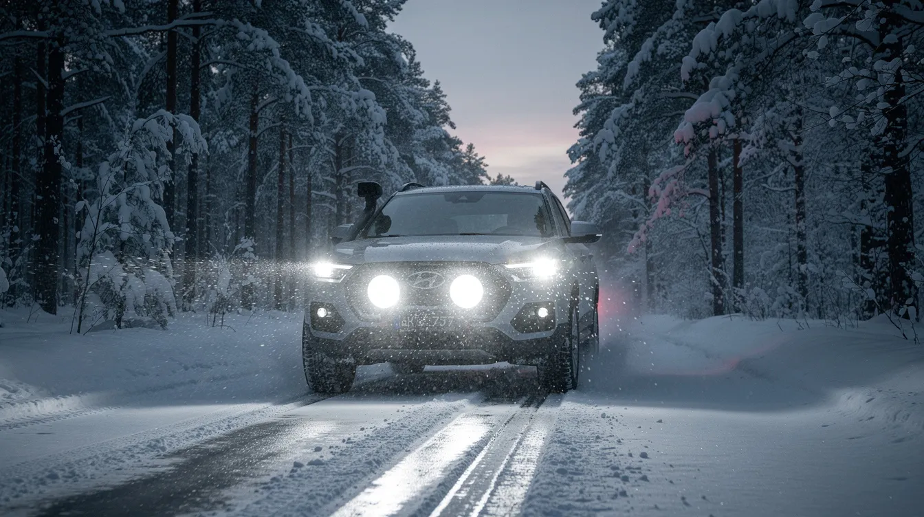 LED extraljus monterade på SUV under vinterkörning i snöfall på svensk skogsväg – optimerad belysning för vinterförhållanden