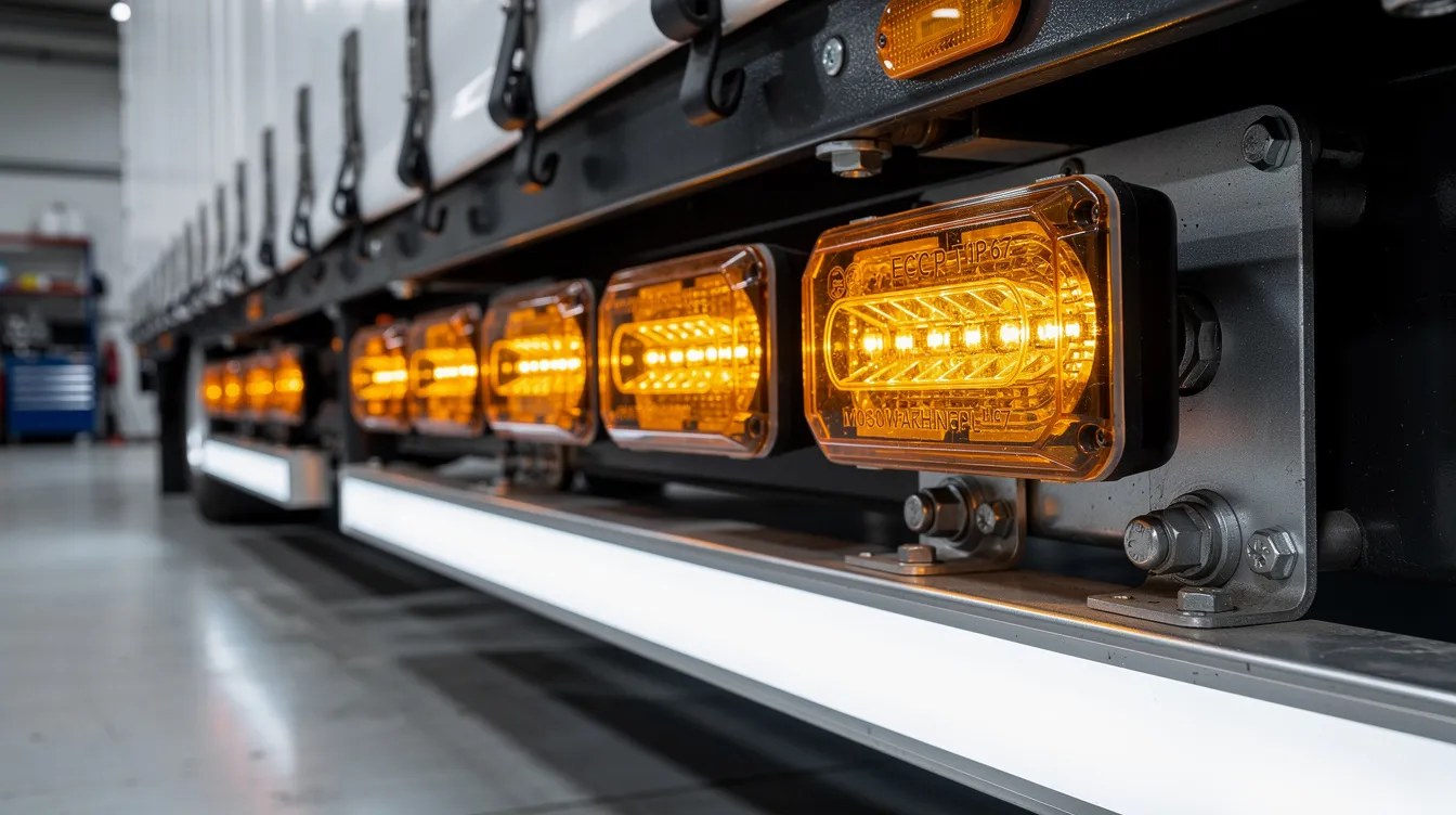Detaljbild av IP67-klassade amber LED-varningsljus och sidopositionsljus korrekt monterade på överdimensionerat släp enligt EU-direktiv 2007/46/EG och ECE R48