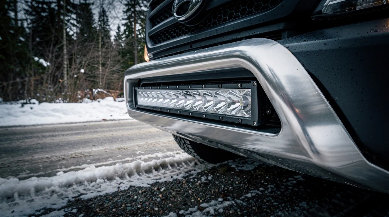 Närbild på aerodynamisk vindavvisare integrerad med LED-ljusbåge på offroad-fordon – effektivt skydd mot stenslag och korrosion från vägsalt