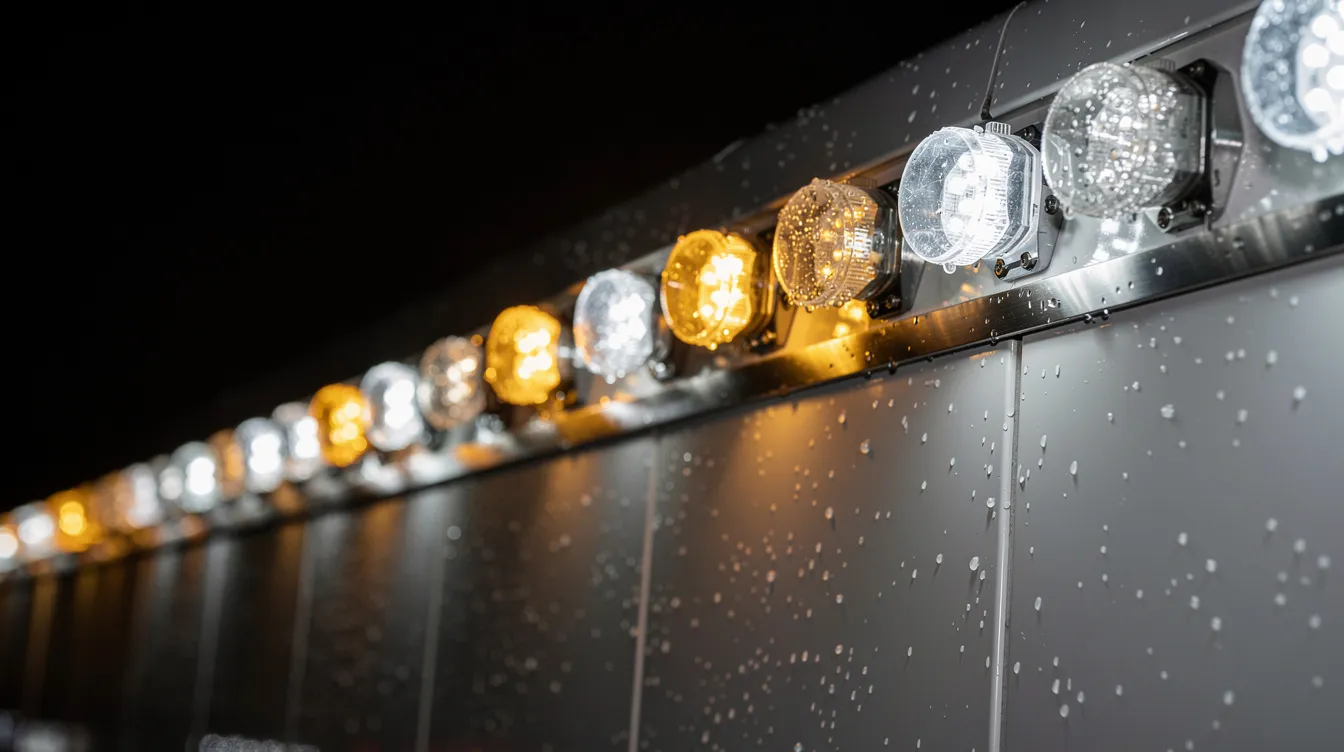 Närbild på LED-markeringsljus monterade längs sidan av ett lastbilssläp – visar korrekt placering av konturbelysning enligt ECE-R48 och svensk lagstiftning