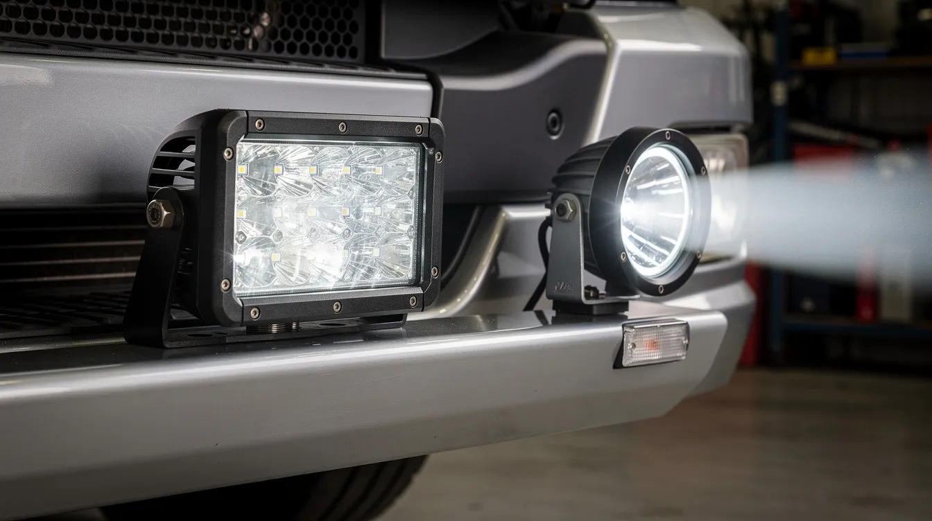 Närbild på LED-ramp och rundstrålande extraljus monterade på lastbil – jämförelse av ljusbild och täckning för tunga fordon