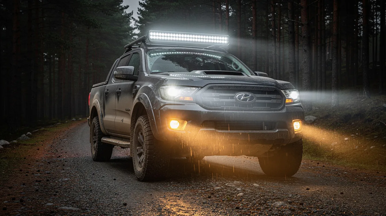 LED-ramp monterad på pickup med bred ljusbild över smal skogsväg – idealiskt extraljus för offroad och skogsbruk i svenska förhållanden
