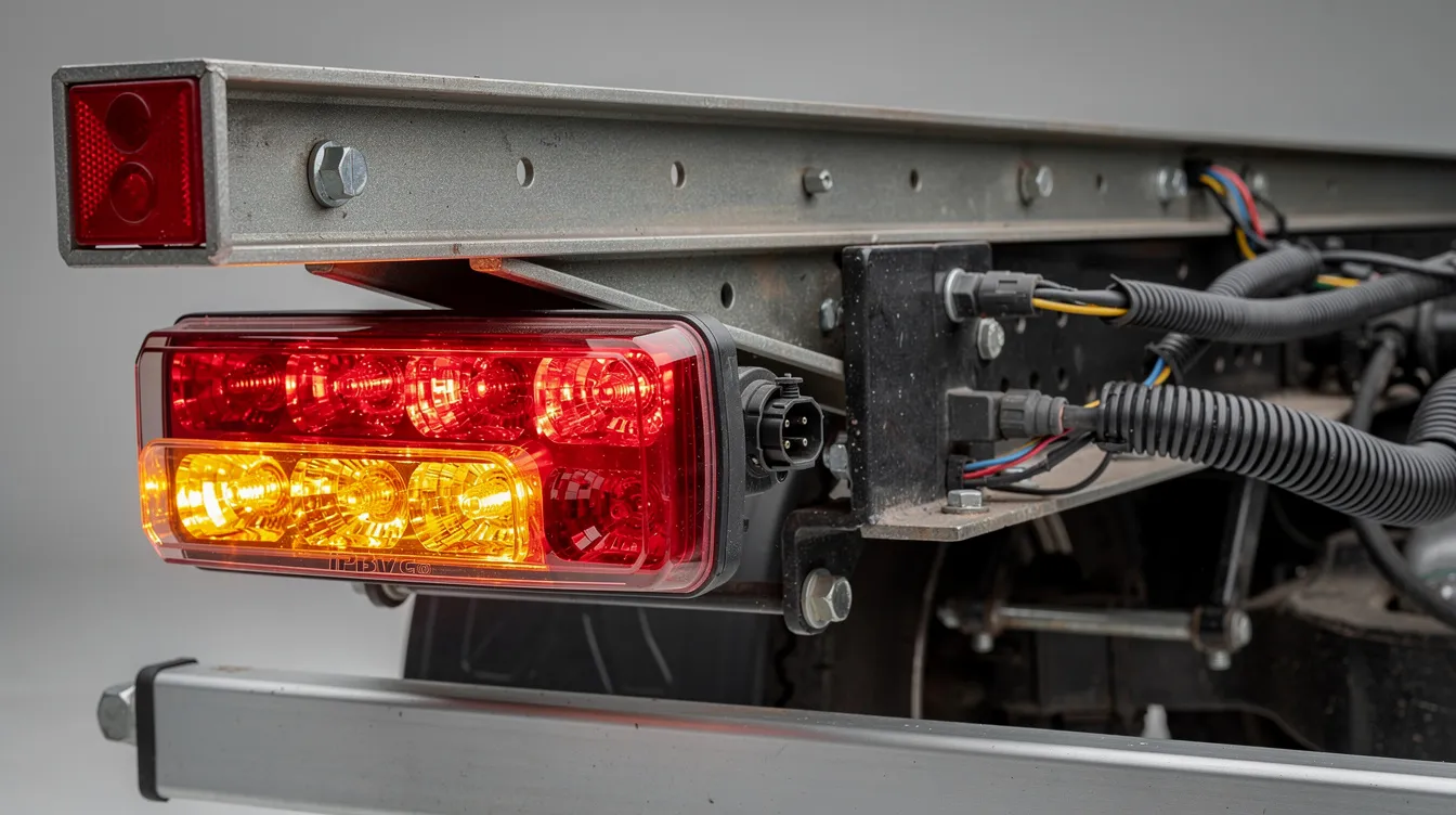IP67-klassad LED-bakljusenhet och standardiserad multikontakt för lastväxlarsystem – visar modulärt kabelsystem för säker och snabb anslutning av lastbilsljus vid flakbyte