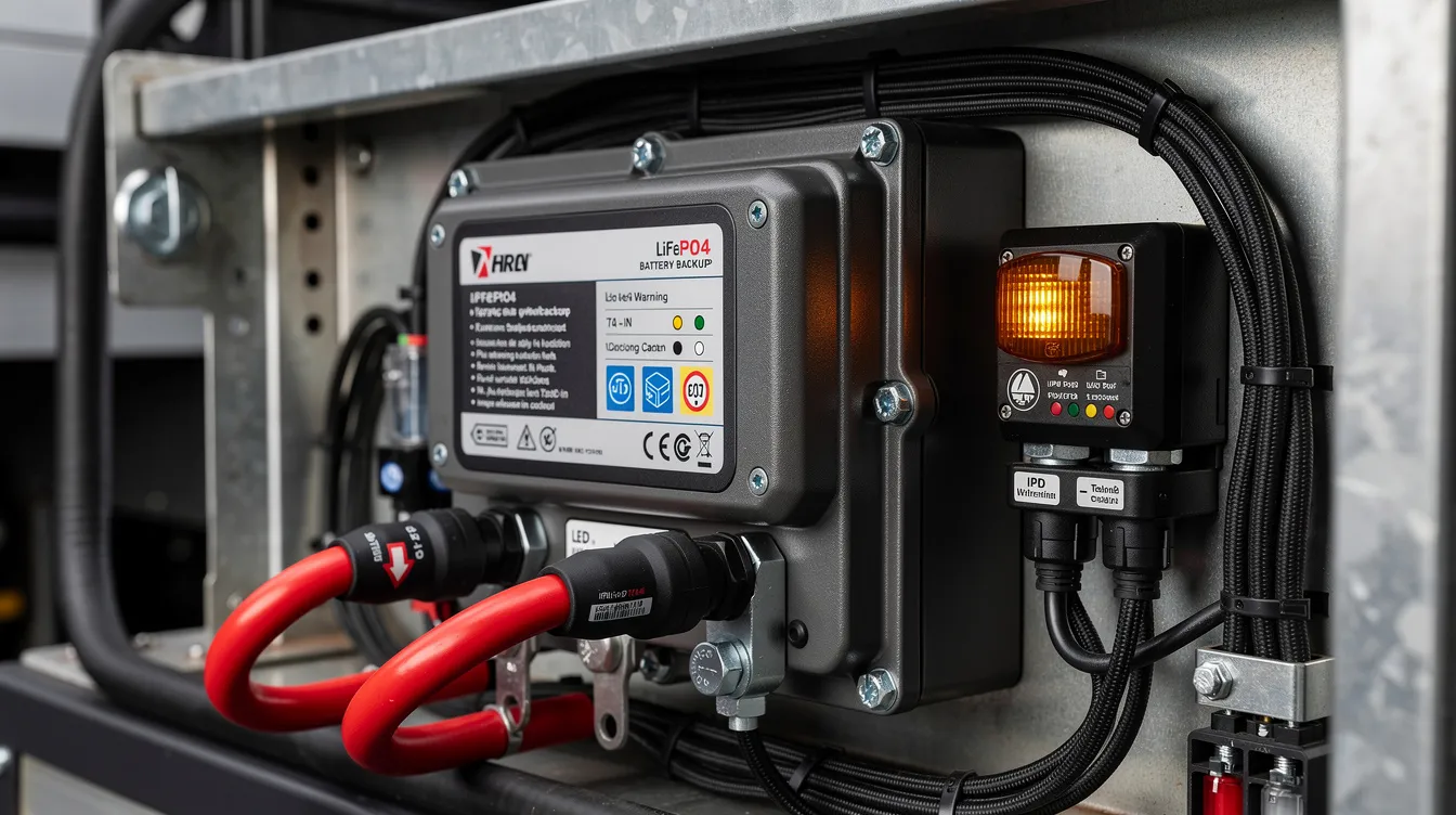 LiFePO4 batteribackup monterad i lastbilschassi för LED-varningsljus – IP67-klassad reservkraft för tunga fordon i nordiskt klimat